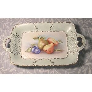 Vtg Bavarian Hand Painted Porcelain Tray Celadon Green Gold Gilt Signed